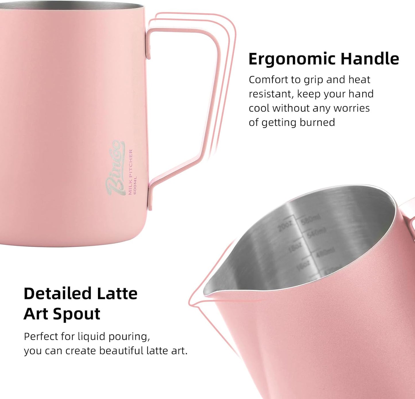 Pink Milk frother - 600ml Milk Frothing Pitcher, Milk Frother Cup Espresso Steaming Pitcher for Barista, Bincoo SUS304 Stainless Steel Espresso Steaming Pitchers for Latte Art/Cappuccino/Coffee/Milk