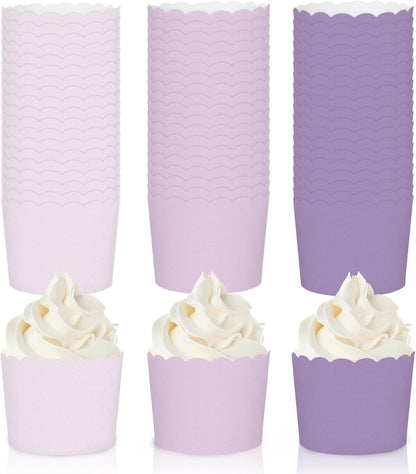 Whaline 120Pcs Purple Paper Baking Cups Scalloped Edge Cupcake Wrappers Gradient Purple Cupcake Muffin Cases for Wedding Birthday Baby Shower, 3 Colors