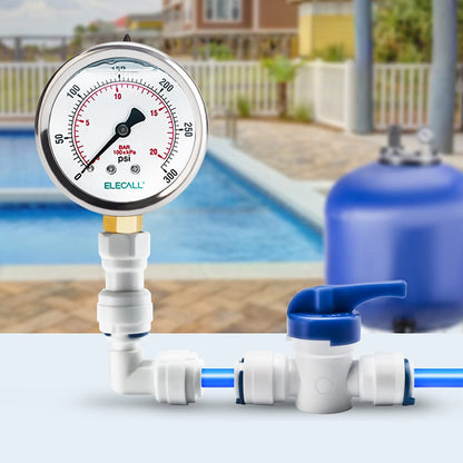 ELECALL 2-1/2" Liquid Glycerin Filled Air Pressure Gauge, 0-300Psi, 1/4" NPT Lower Mount, Stainless Steel Case, Brass Internals, Water Pressure Gauge
