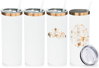 20 oz Skinny Tumblers Bulk 4 Pack, Stainless Steel Insulated Tumbler with Lids and Straws, Slim Double Wall Powder Coated Travel Coffee Mugs Reusable Cup for Hot Cold Drinks (White,4 pack)