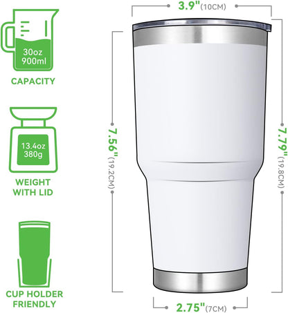 DOMICARE 30 oz Tumbler with Lid and Straw, Stainless Steel Tumblers Bulk, Insulated Vacuum Double Wall Travel Coffee Mug, Durable Powder Coated Tumbler Cups (White, 8)
