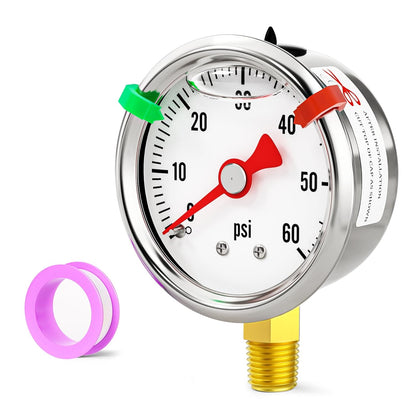 0-60psi Stainless Steel Glycerin Liquid Filled Pressure Gauge1/8 NPT 1.5" Dial, Lower Mount Designed for Pressure Testing of Water, Oil and Air (with Range Mark Pointer)