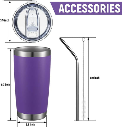 COMOOO 20oz Double Wall Vacuum Insulated Travel Mug, Stainless Steel Tumbler with Lid and Straw Durable Powder Coated Insulated Coffee Cup for Cold & Hot Drinks (Purple. 2 Pack