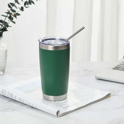 COMOOO 20oz Double Wall Vacuum Insulated Travel Mug, Stainless Steel Tumbler with Lid and Straw Durable Powder Coated Insulated Coffee Cup for Cold & Hot Drinks（Dark Green, 1 Pack）
