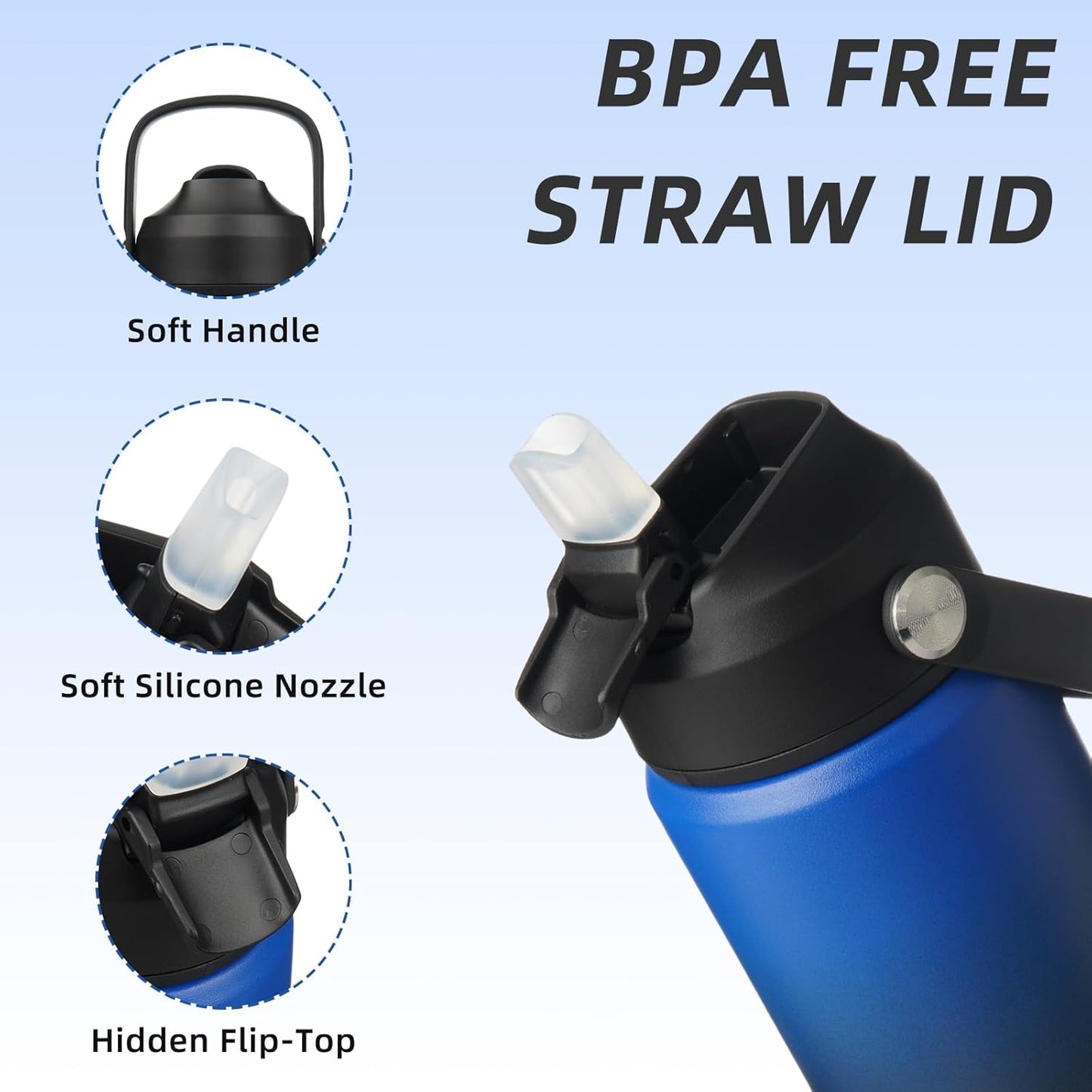 BJPKPK Insulated Water Bottle with Straw Lid, 18oz Thermos Water Bottles, Flex Handle & Non-slip Boot, BPA Free Leak Proof Stainless Steel Metal Thermos, Tumblers, Cups,Black Blue