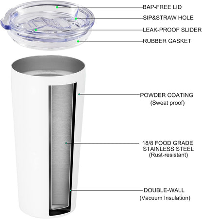 VEGOND 20oz Tumbler Bulk with Lid and Straw 1 Pack, Stainless Steel Vacuum Insulated Tumbler, Double Wall Coffee Cup Travel Mug, White