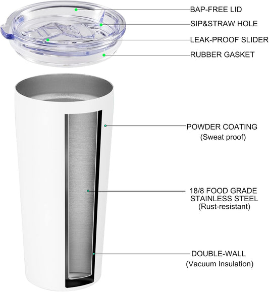 VEGOND 20oz Tumbler Bulk with Lid and Straw 12 Pack, Stainless Steel Vacuum Insulated Tumbler, Double Wall Coffee Cup Travel Mug, White