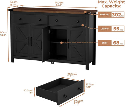 55" Sideboard Buffet Cabinet with Storage, Coffee Bar Cabinet with 2 Drawers and 4 Barn Doors, Long Storage Cabinet Modern Farmhouse, Black Wood, for Kitchen, Dining Room, Living Room