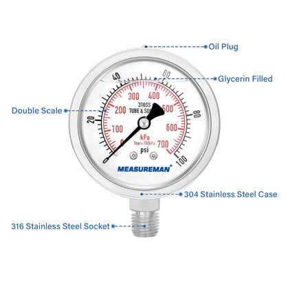 MEASUREMAN Fully Stainless Steel Hydraulic Glycerin Filled Pressure Gauge, 2-1/2" Dial Size, 1/4" NPT Lower Mount, 0-100psi/kpa
