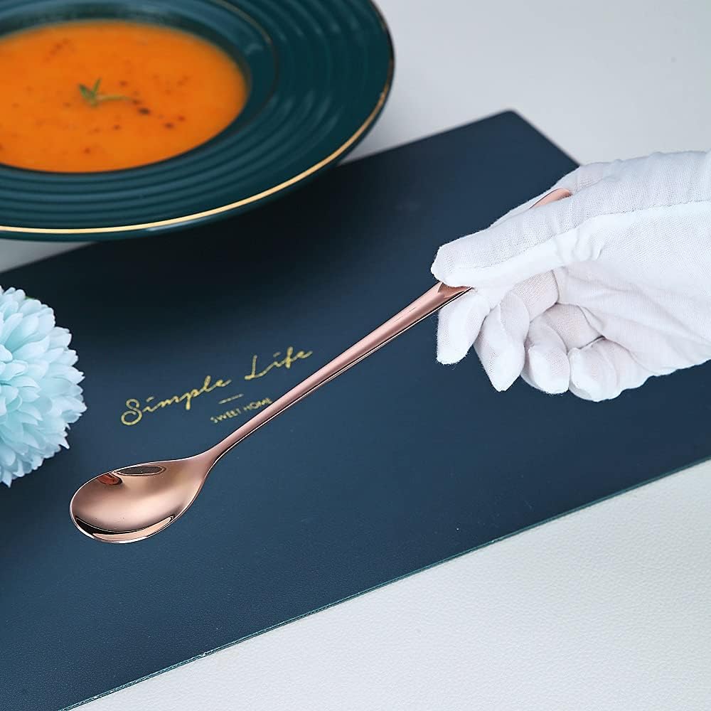 Premium Rose Gold Set of 6 Stainless Steel Long Handle Stirrers and Spoons for Coffee, Ice Tea, Ice Cream, Cocktails