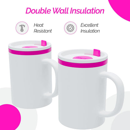 Copco Iconic 16oz Double Wall Insulated Desk Mug with Lid and Handle, Set of 2, BPA-Free Reusable Plastic, Spill-Proof, Microwave & Dishwasher Safe, Wide Mouth, Cup Holder Friendly (Pink)