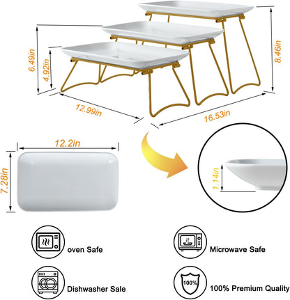 HAPPY KIT 3 Tier Serving Tray Set with Gold Freely Combinable Rack,12 Inch Tiered Tray Stand,Widened Porcelain Platters,Decor Cupcake Stand for Christmas Party Display,Dessert Trays Collapsible
