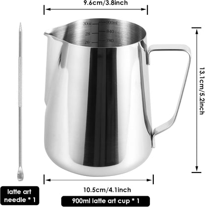 900ml Stainless Steel Milk Frothing Pitcher with Measurement Marks, 32oz Steaming Pitcher for Coffee, Cappuccino, Latte Art Milk Jug Cup for Home & Professional Use (1)