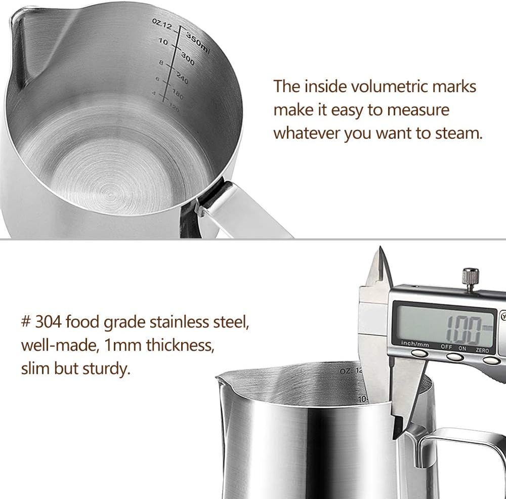 HOOMIL Milk Frothing Pitcher, 12oz/350ml Stainless Steel Steaming Pitcher Barista Milk Frother Cup Jug for Espresso Machine Coffee Cappuccino Latte Art - Silver