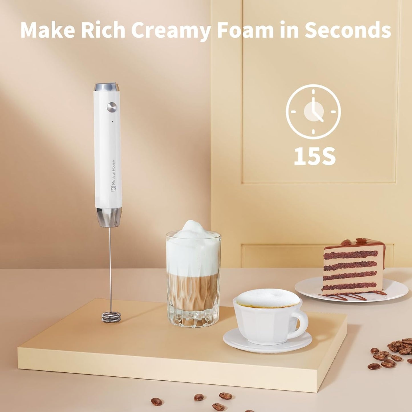 Maestri House Rechargeable Milk Frother, LunaFro NS Handheld Electric Foam Maker Waterproof Detachable Stainless Steel Whisk Drink Mixer Foamer for Lattes, Cappuccino, No Stand