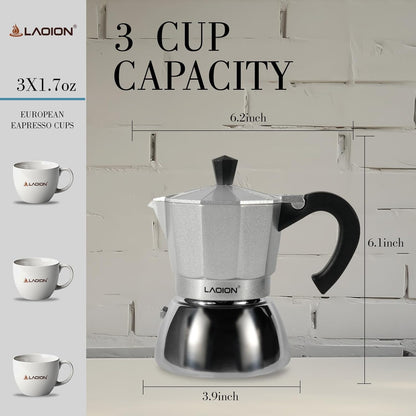 Stovetop Espresso Maker, 3Cup Moka Pot, Espresso Machine Compatible with Induction Cooktops, 150ml Stainless Steel & Aluminum Cuban Coffee Maker for Cafetera Cubana, Silver