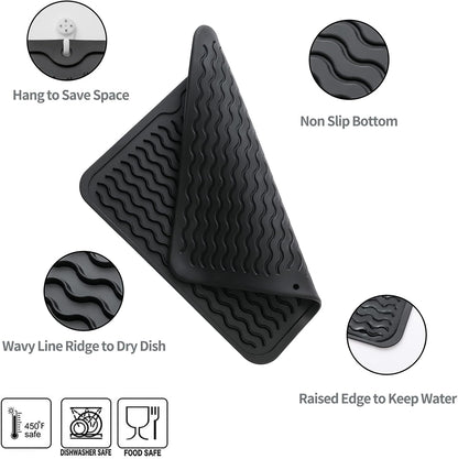 Silicone Dish Drying Mat for Multiple Usage,Easy clean,Eco-friendly,Heat-resistant Silicone Mat for Kitchen Counter or Sink,Refrigerator or Drawer liner Black M 12 inches x 12 inches
