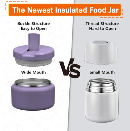 13.5oz Kids Thermos for Hot Food, Insulated Vacuum Food Jar with Buckle Lid, Stainless Steel Wide Mouth Leak Proof Insulated Lunch Container for School Picnic Travel,Purple