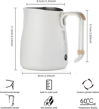 Bincoo Espresso Milk Frothing Pitcher Stainless Steel 20oz/600ML Coffee Milk Frother Cup-Milk Frothing Pitcher with Measurement Lines,Ergonomic Handle for Latte Art & Cappuccino(White)