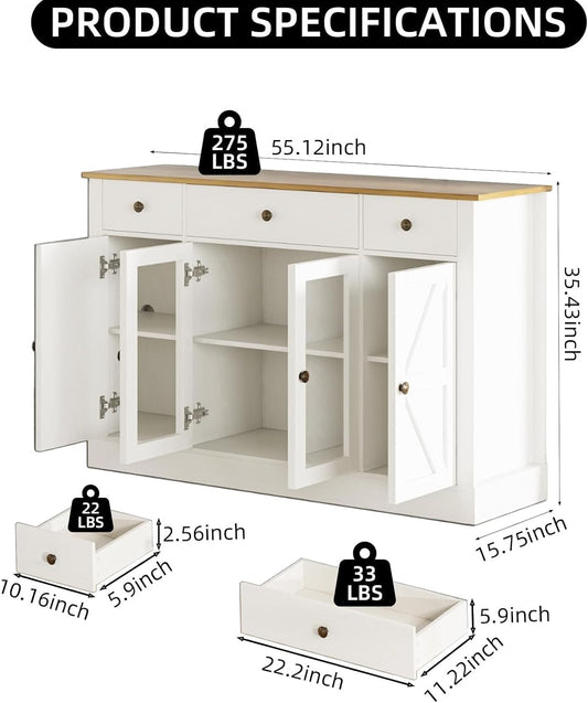 4 EVER WINNER 55" Buffet Cabinet with Storage, Farmhouse Coffee Bar Cabinet with Glass Doors and Drawers, Sideboard Cabinets with Adjustable Shelves for Living Room, Kitchen, White