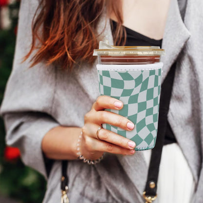 Reusable Insulated Neoprene Iced Coffee Cup Sleeve, Durable Drink Sleeve for Cold Beverages, Beverage Holder for Iced Coffee, Wavy Grid