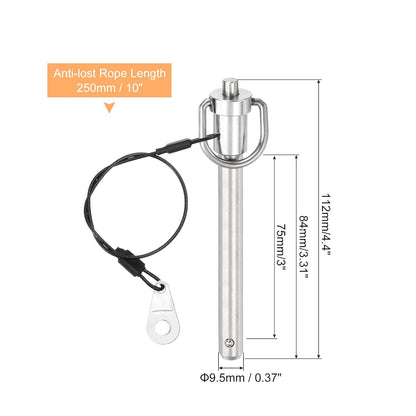 uxcell 1 Pcs Quick Release Pin, 3/8" x 3"(Dia. x L) Push-Button Ball Locking Pin 304 Stainless Steel Ring Handle Locking Pin with Wire for Audio Bimini Top Marine, Silver