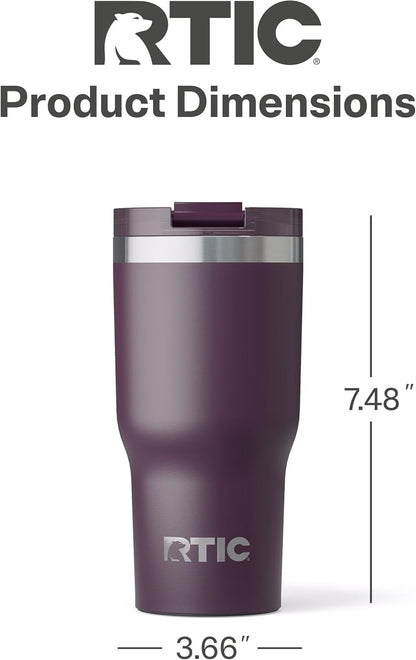 RTIC 20oz Essential Tumbler with Lid, Insulated, Stainless Steel, Metal, Double Wall Vacuum-Insulation, Ceramic Lined, Travel Cup for Iced Coffee, Tea, Hot and Cold Drink, Plum