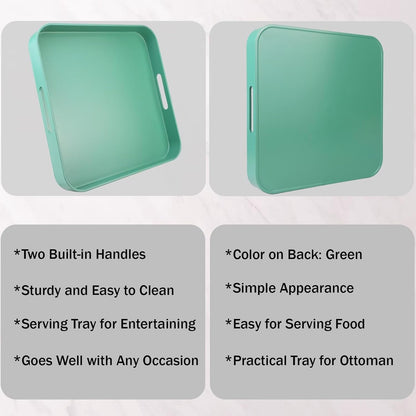 Square Green Decorative Serving Tray with Handles, Versatile Ottoman Tray for Coffee Table, Entertaining, Outdoor Patio, Living Room, 13”*13”*1.6”