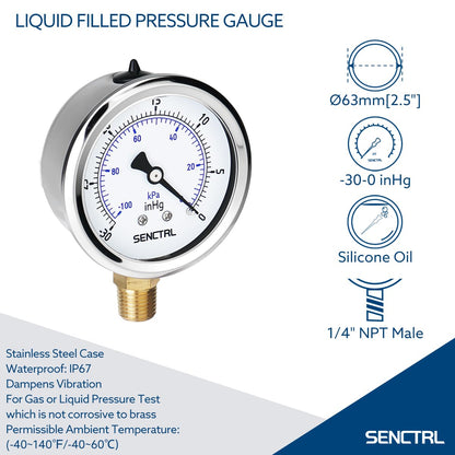 SENCTRL 30 inHg Vacuum Silicone Oil Liquid Filled Low Pressure Gauge, 2.5" Dial Size, 1/4" NPT Lower Mount, Stainless Steel Case, for Air Conditioning Manifolds, HVAC, Air Pump Vacuum Test