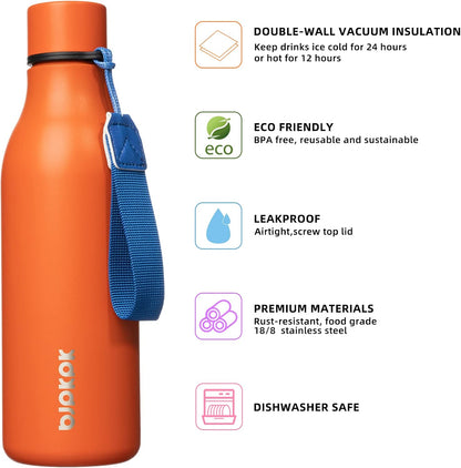 BJPKPK Insulated Water Bottles, 18 oz Stainless Steel Metal Water Bottle with Strap, BPA Free Leak Proof Thermos, Mugs, Flasks, Reusable Water Bottle for Sports & Travel, Orange