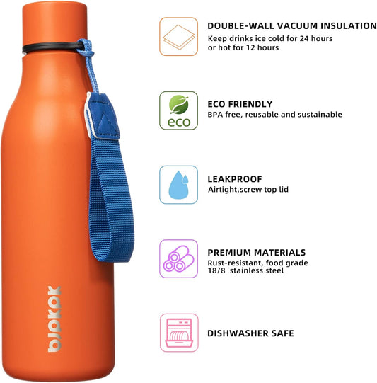 BJPKPK Insulated Water Bottles, 18 oz Stainless Steel Metal Water Bottle with Strap, BPA Free Leak Proof Thermos, Mugs, Flasks, Reusable Water Bottle for Sports & Travel, Orange