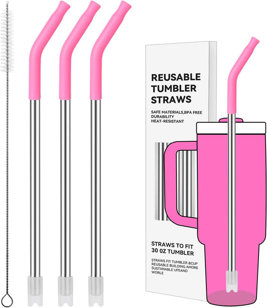 Reusable Metal Straws with Silicone Tip for Stanley 30oz,Stainless Steel Drinking Straws for 30oz Tumbler,3 Straight Tubes & 6 Tips& 1 Cleanr Brush (Vivid Violet)