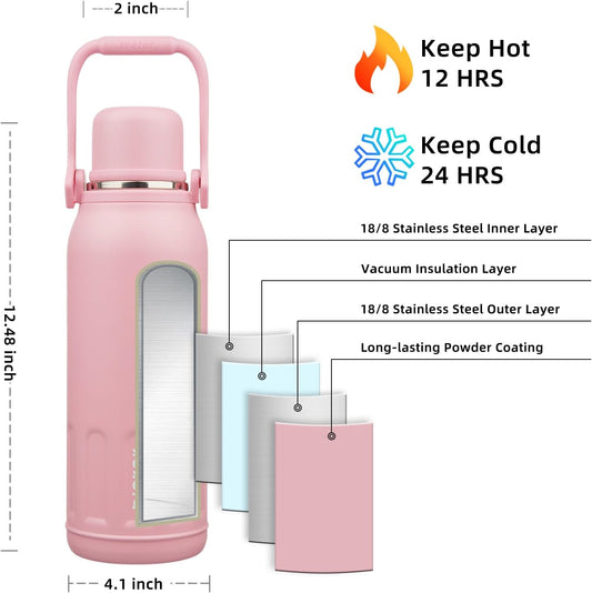 BJPKPK Insulated Water Bottle 50oz Stainless Steel Water Bottles Disherwahser Safe with Handle and Lid Travel Metal Thermos,Light Pink