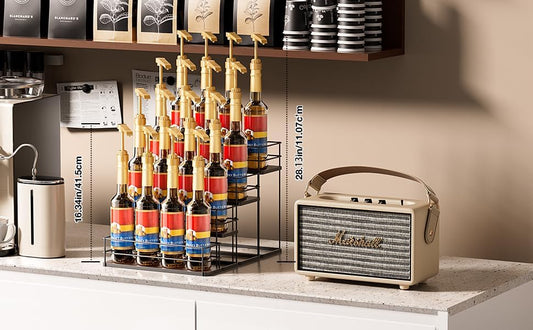 16 Bottle Capacity Coffee Syrup Organizer 4 Tier Coffee Syrup Stand Shelf for Coffee Bar Kitchen Small Wine Rack for Bar Family Storage for Syrup Wine Dressing