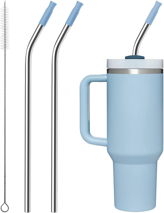 2 Pcs Stainless Steel Straw with Silicone Tips for 30 oz Stanley Tumbler, Repeatable 30 oz Metal Straws for Stanley Adventure Quencher Travel Tumbler Cup, BPA Free（Light Blue）