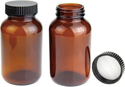 Wide Mouth Packer Bottle, Amber Glass, 250 ML (8.3 OZ) Capacity with 45-400 Black Polyethylene Screw Cap Lined PE Septa, Package of 24 Units