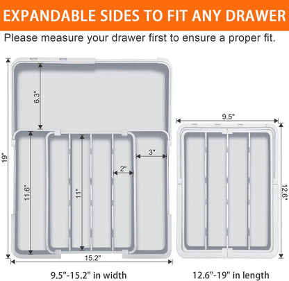 Expandable Silverware Drawer Organizer BPA Free Cutlery Organizer Small Utensil Organizer for Kitchen Drawers Adjustable Spoons Forks Knives Storage Divider, Gray
