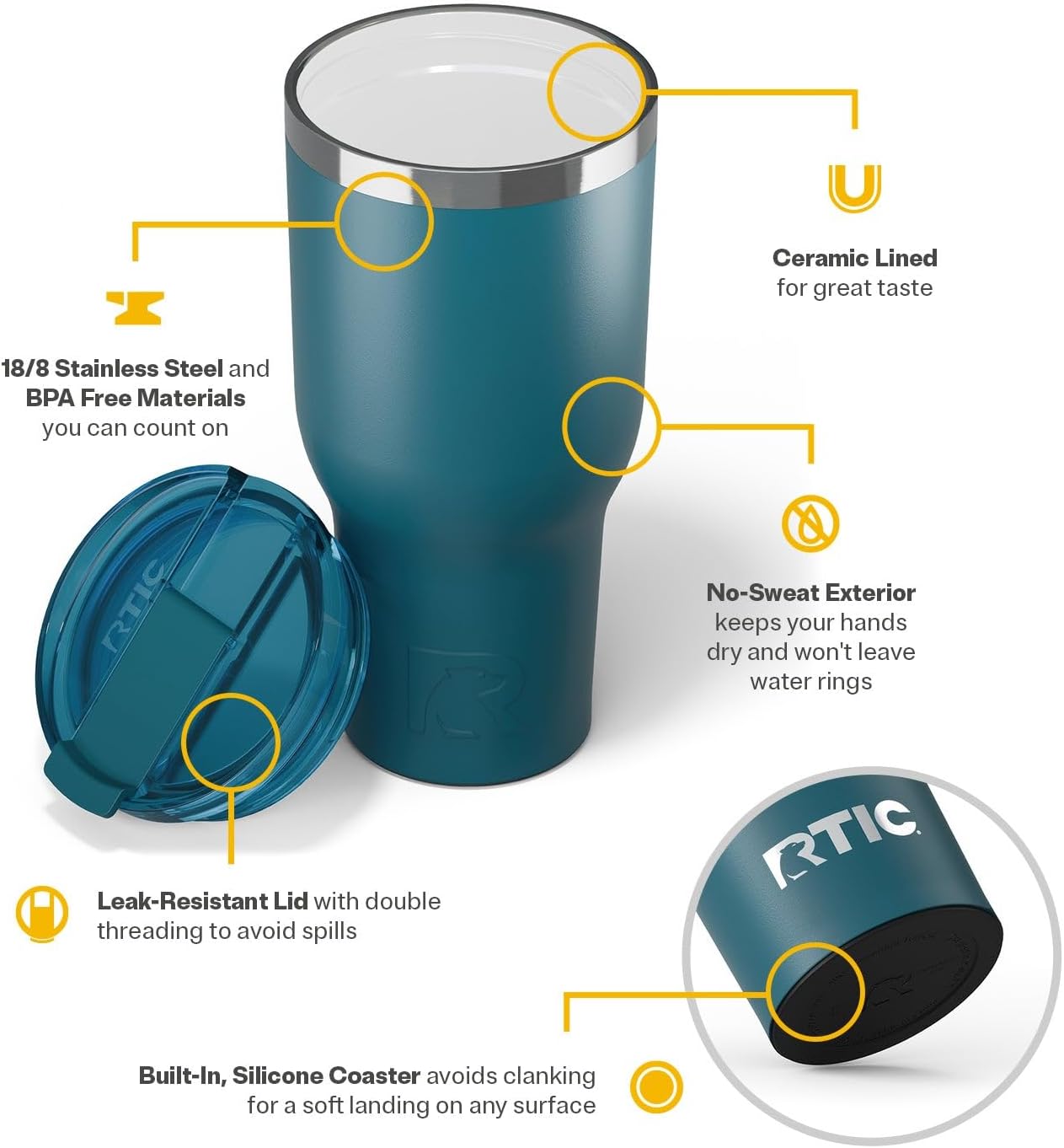 RTIC 40oz Essential Tumbler with Lid, Insulated, Stainless Steel, Metal, Double Wall Vacuum-Insulation, Ceramic Lined, Travel Cup for Iced Coffee, Tea, Hot and Cold Drink, Marine