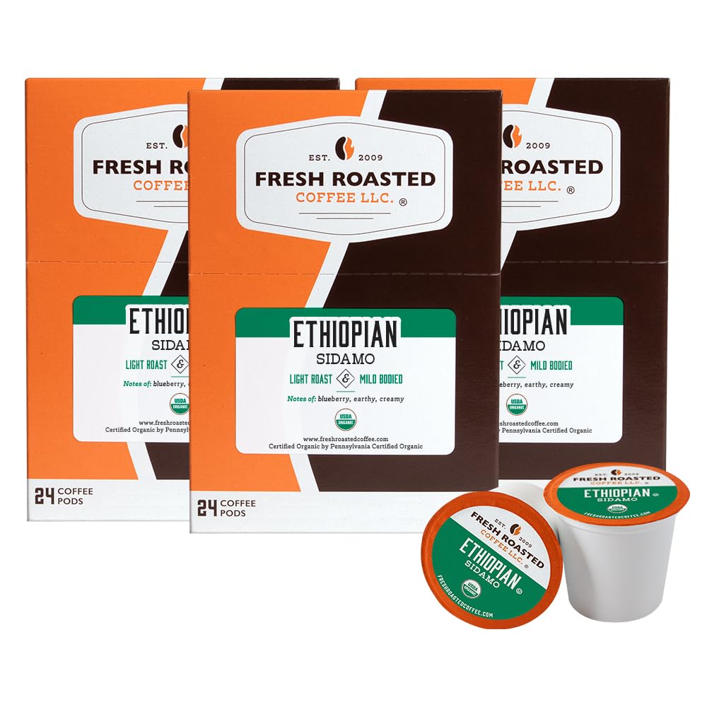 Fresh Roasted Coffee, Organic Ethiopian Sidamo | Fair Trade, USDA Organic, 100% Single Origin, Kosher | Light Roast 72 Pods for K Cup Brewers