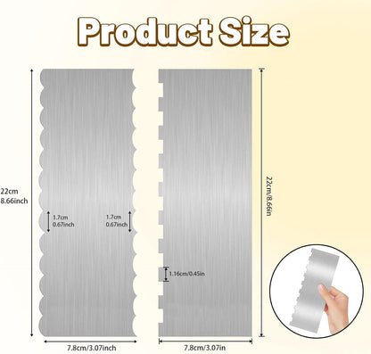 2 Pieces 8.7 Inche Stainless Steel Cake Scraper，Double Sided Patterned Edge Stripe Edge Smoother Scraper Cake Decorating，Cake Decorating Comb Cake Scraper (2, 2)