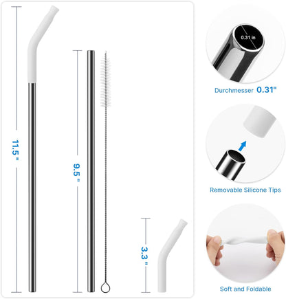 Repeatable Metal Straw with Silicone Tips for 30 oz Stanley Tumbler, 2 Pcs 30 oz Stainless Steel Straws Replacement for Stanley Tumbler, 1 Straw Brush, BPA Free（White）