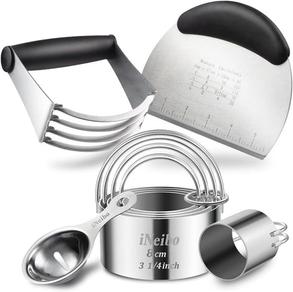 iNeibo Professional Baking Tools Biscuit Cutter Set Dough Blender/Cutter Round Cookies Cutter with Handle + Pastry Scraper+Egg Separator Heavy Duty Baking Dough Tools Pastry Utensils (Baking Tools)