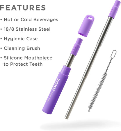 ZOKU Reusable Metal Straw with Case for Travel, Purple - Collapsible Stainless Steel Drinking Straw with Silicone Tip and Cleaner Brush, Ideal for Key Chains, Pockets, Purses