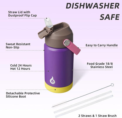 BJPKPK Insulated Water Bottle with Straw Lid, 12oz Thermos Water Bottles with Soft Nozzle, Flex Handle & Non-slip Boot, BPA Free Leak Proof Stainless Steel Metal Thermos, Tumblers, Cups,Violet