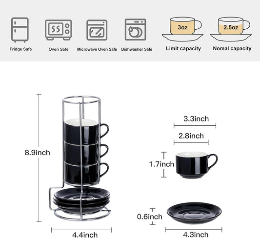 2.5 Ounce Porcelain Espresso Cups with Saucers and Silver Stand, Black Stackable Cups Set of 4