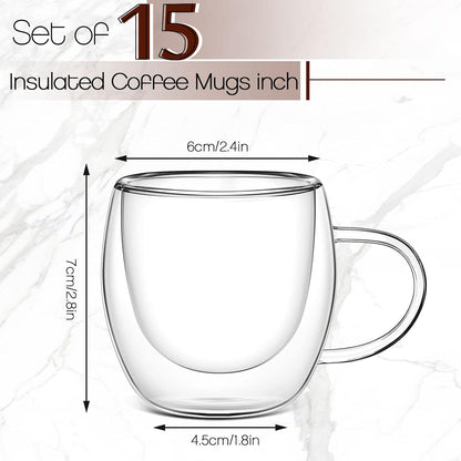 Gerrii Espresso Cups Double Walled Espresso Shot Glass with Handle Cups Insulated Clear Small Shot Glasses for Cappuccino Latte Hot Beverage(15 Pcs,2.5 oz)