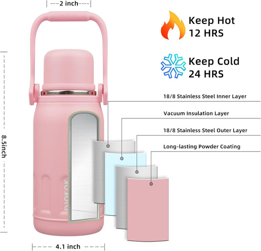 BJPKPK Insulated Water Bottle 27oz Stainless Steel Water Bottles with Handle and Cup Lid Travel Metal Thermos,Light Pink