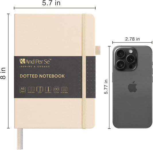&And Per Se Dotted Journal Notebook, A5 Hardcover Leather Bullet Dotted Journal, 160 Pages 100 gsm Thick Dotted Paper，3 Stickers Included for Women Men, Work Office or School - 5.7'' x 8.3'' (Light