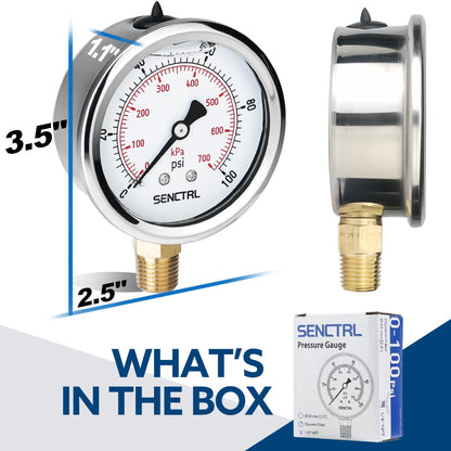 SENCTRL 0-100 Psi Glycerin Liquid Filled Low Pressure Gauge, 2.5" Dial Size, 1/4" NPT Lower Mount, Stainless Steel Case, for Water Pump, Pneumatic Air, Well, RV Hose, Tank, Gas Pressure Test