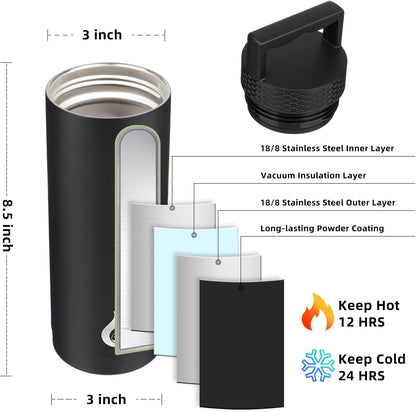 BJPKPK Insulated Water Bottles, Dishwasher Safe 18 oz Water Bottle with Handle, Leakproof BPA Free Water Jug, Stainless Steel Thermos for Sports, Black